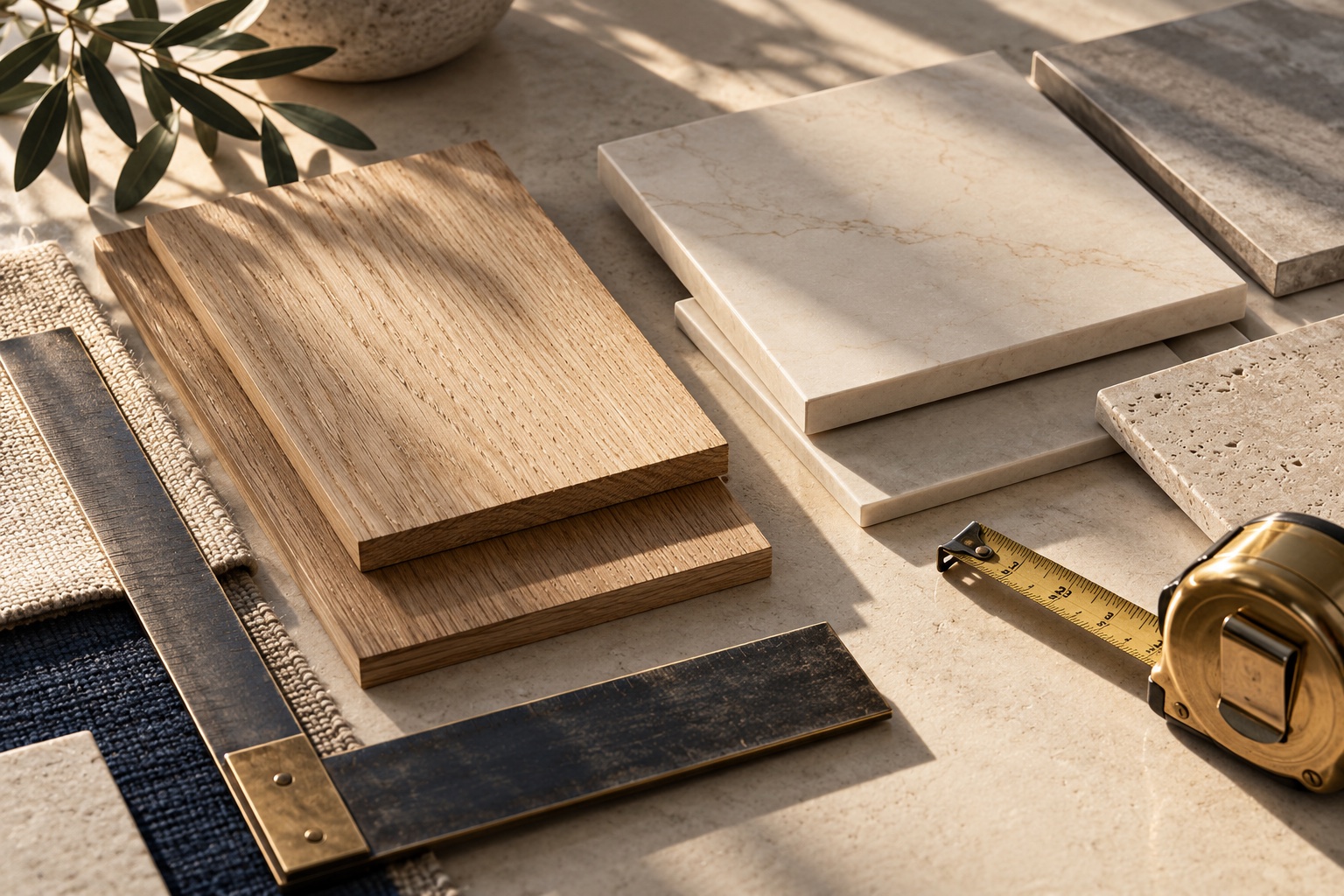 Illustrative study of oak, tile and measuring tools in warm light